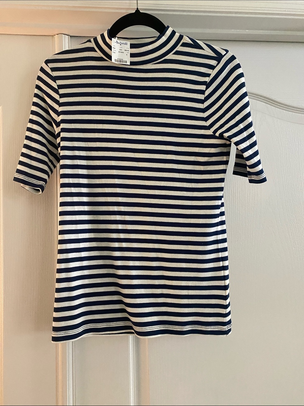 Madewell Navy and White Striped Mock Neck Tee